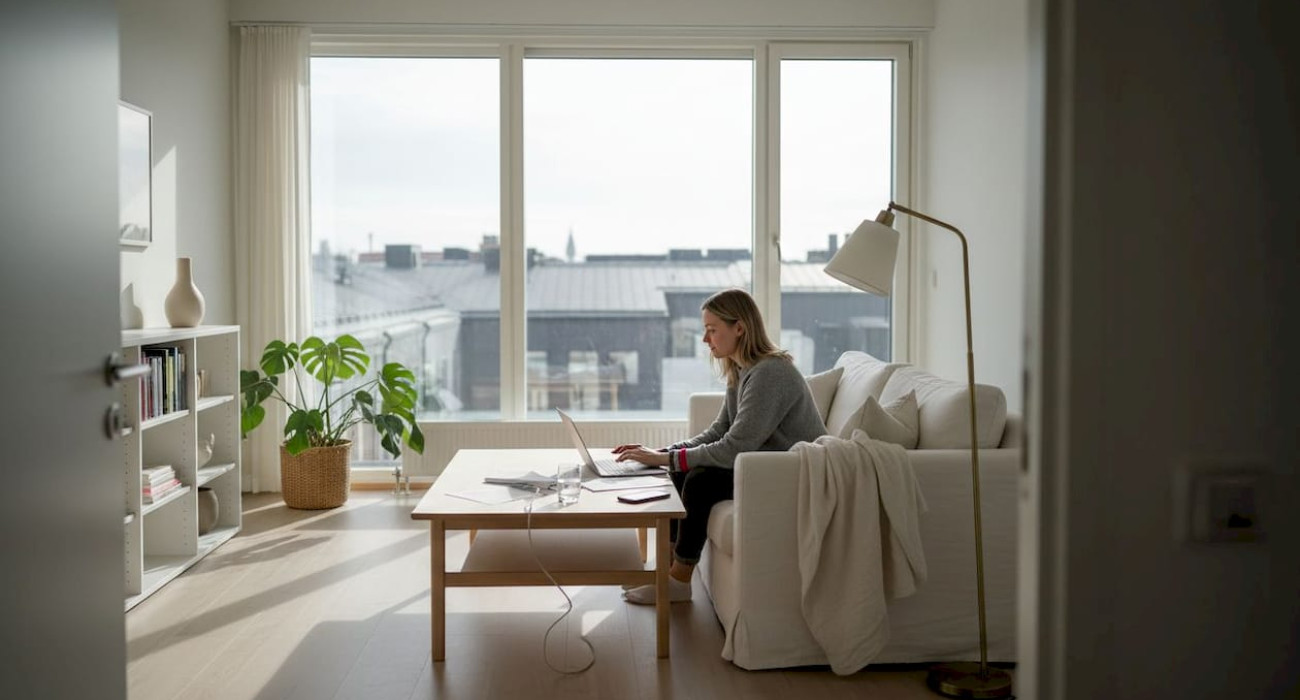 Professional working in corporate apartment living area