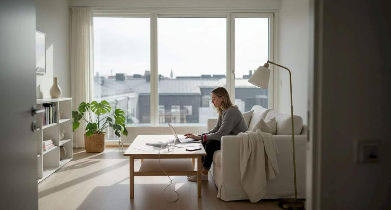 Professional working in corporate apartment living area