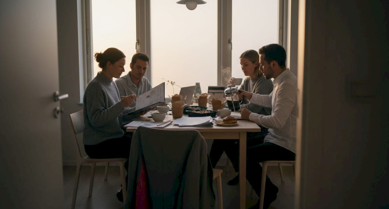 Swedish business team in apartment kitchen working