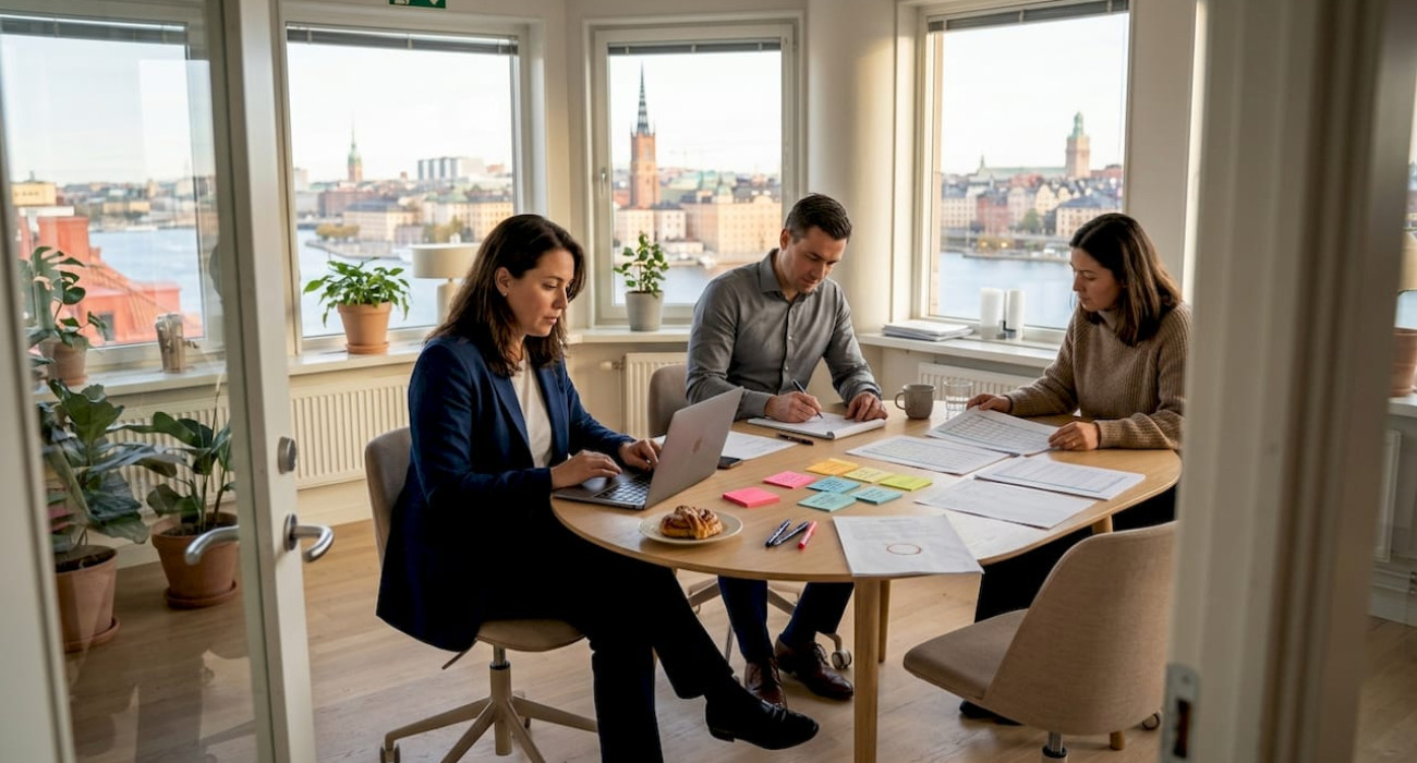 Team reviewing housing spreadsheet in office