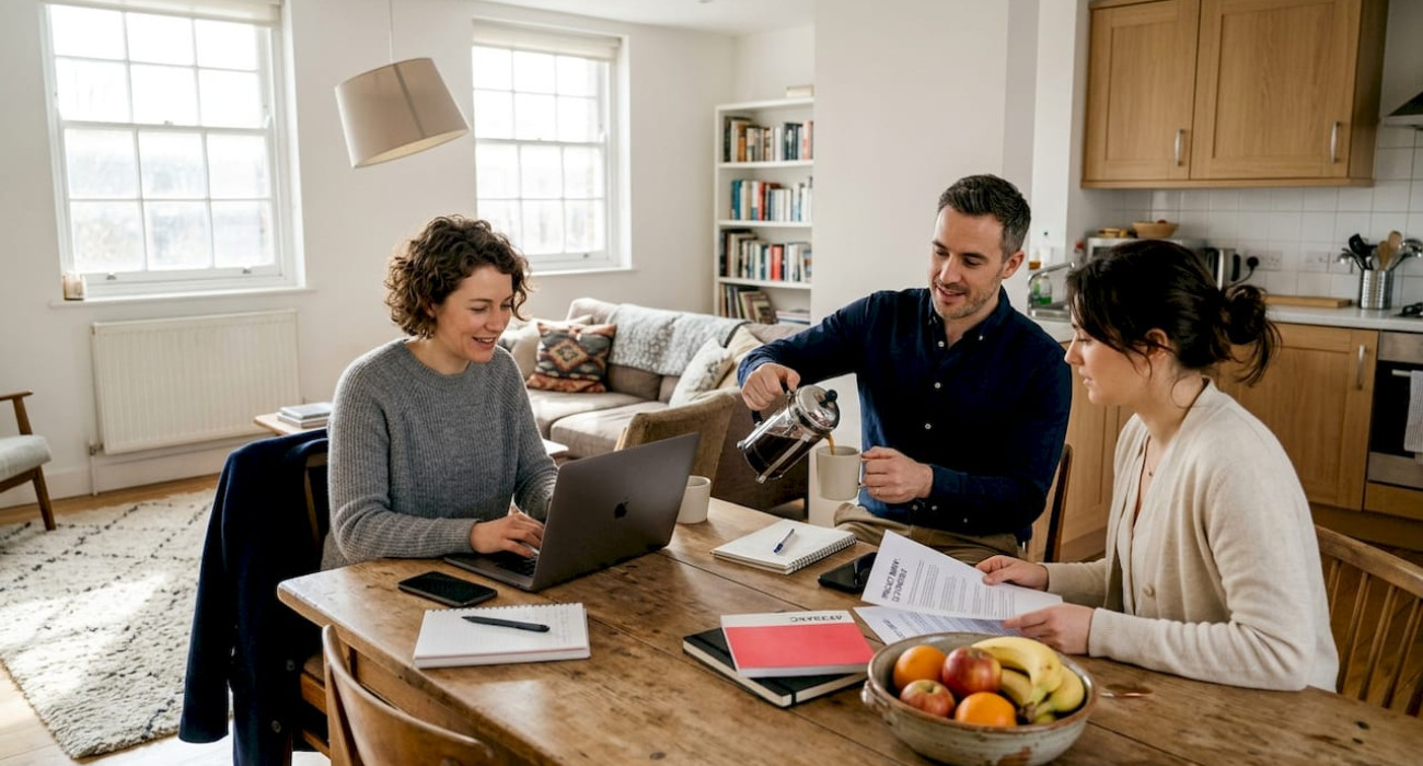 Business team in shared apartment workspace
