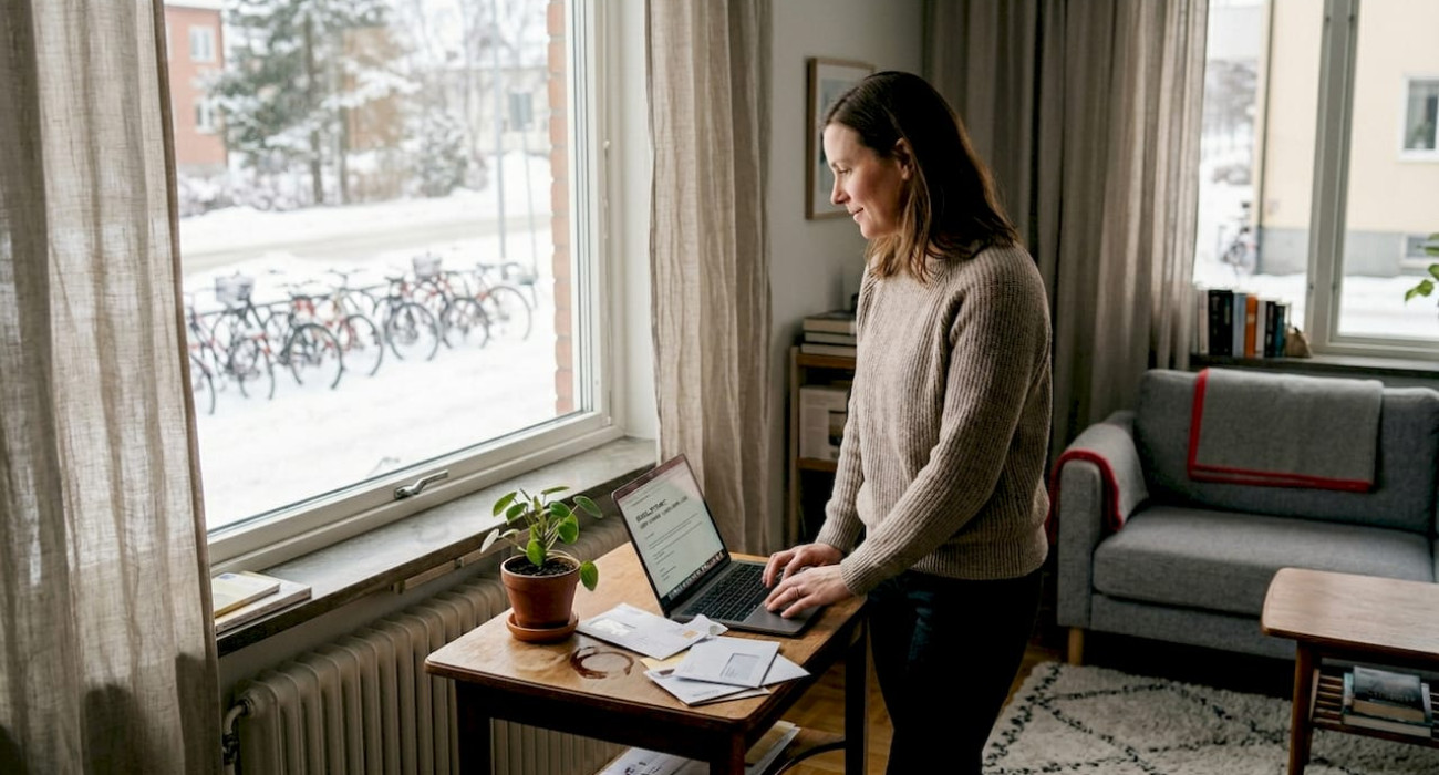 Woman reviewing rental finances in Norrbotten home