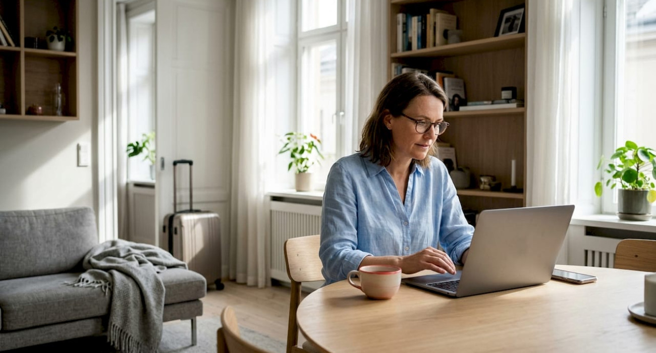 Woman comparing serviced apartment and Airbnb options