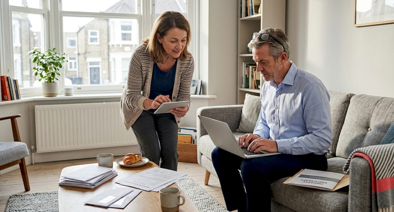 Landlord comparing paperwork with property manager in apartment