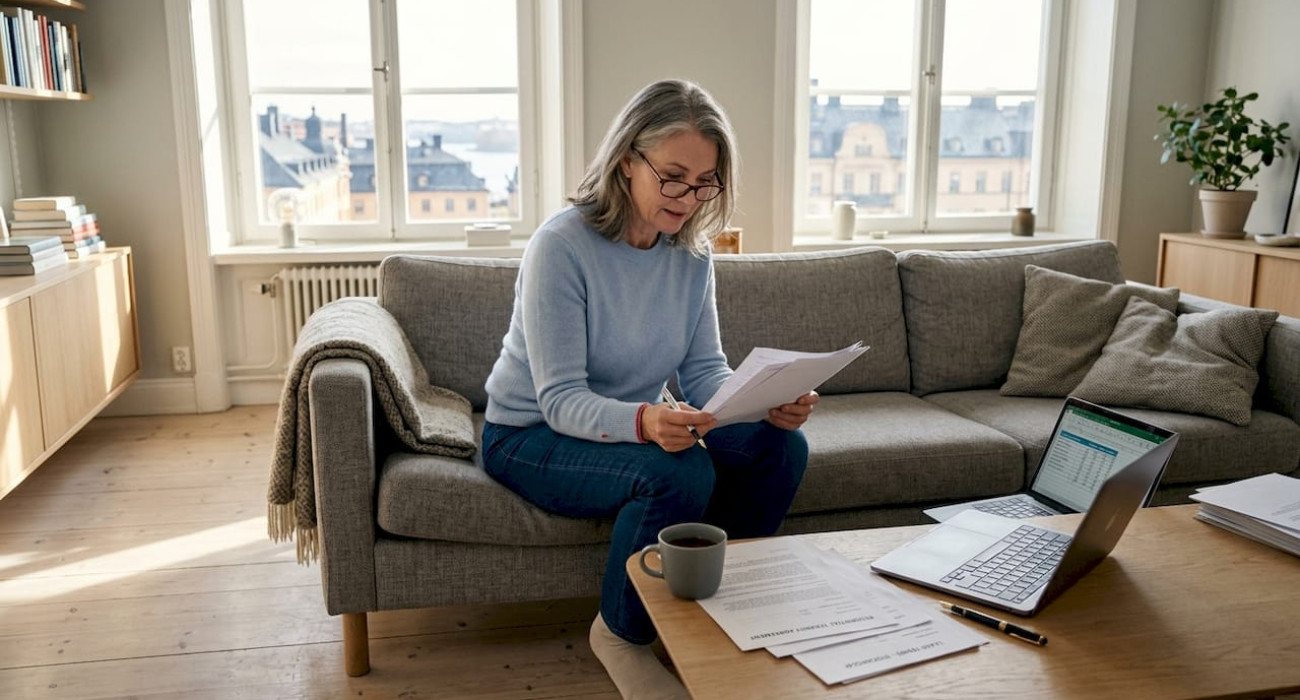 Owner reviewing documents in premium Swedish apartment