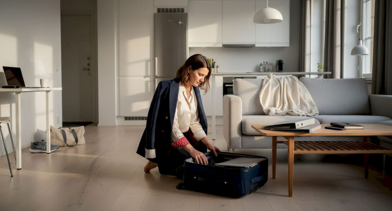 Business traveler unpacks in Stockholm serviced home