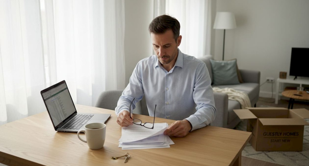 Property manager reviewing documents at apartment table