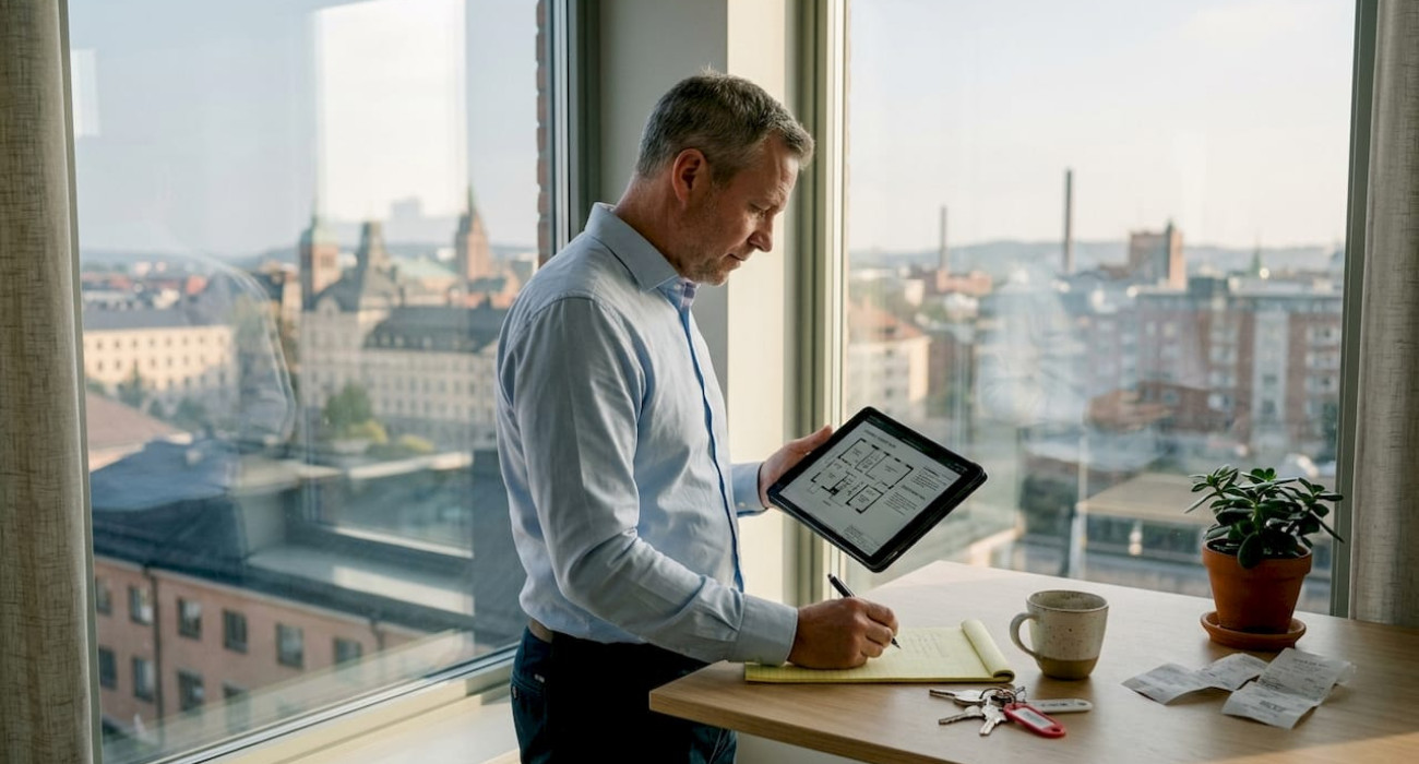 Property manager in office overlooking Norrköping housing