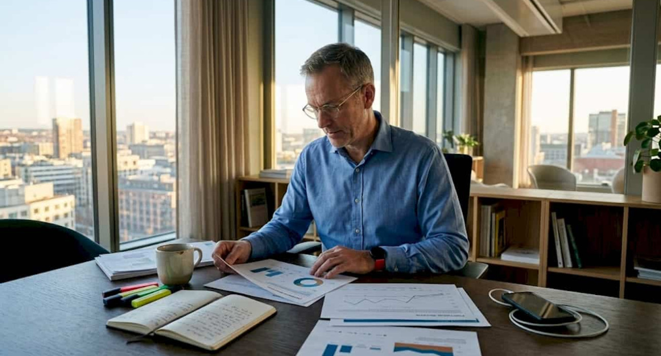Financial advisor reviewing investment plans at city office desk