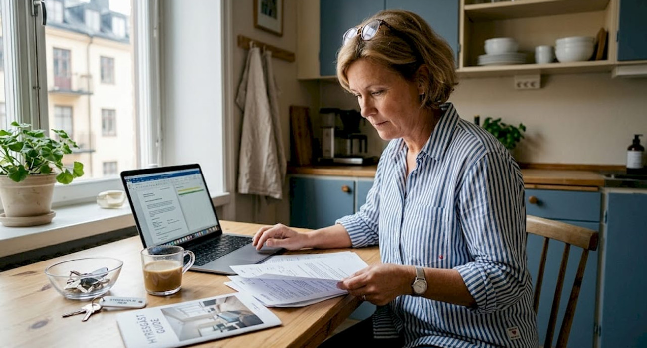 Landlord reviewing rental documents at kitchen table