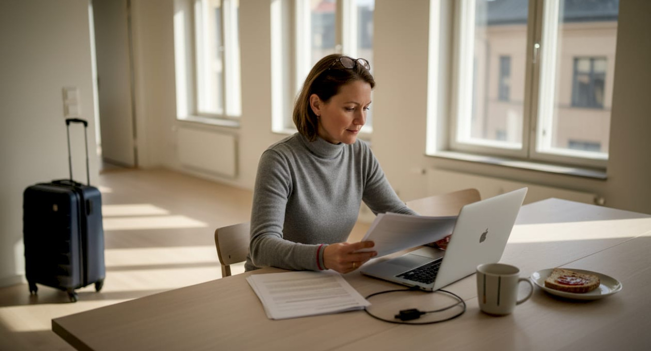 Business traveler working in Swedish apartment