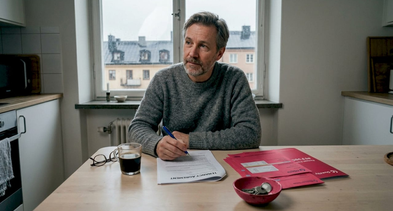 Landlord reviewing tenancy contract at kitchen table