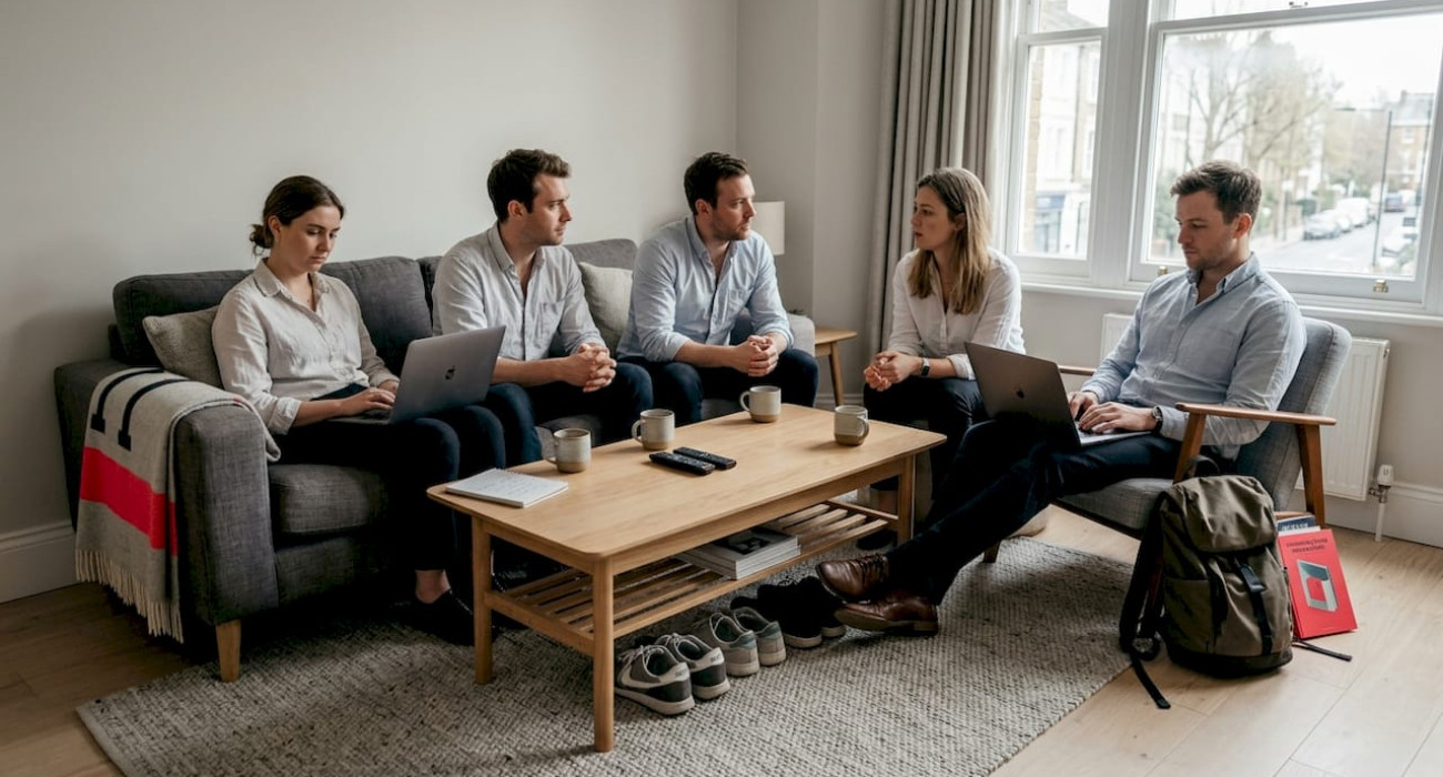 Team in cramped, tired shared apartment