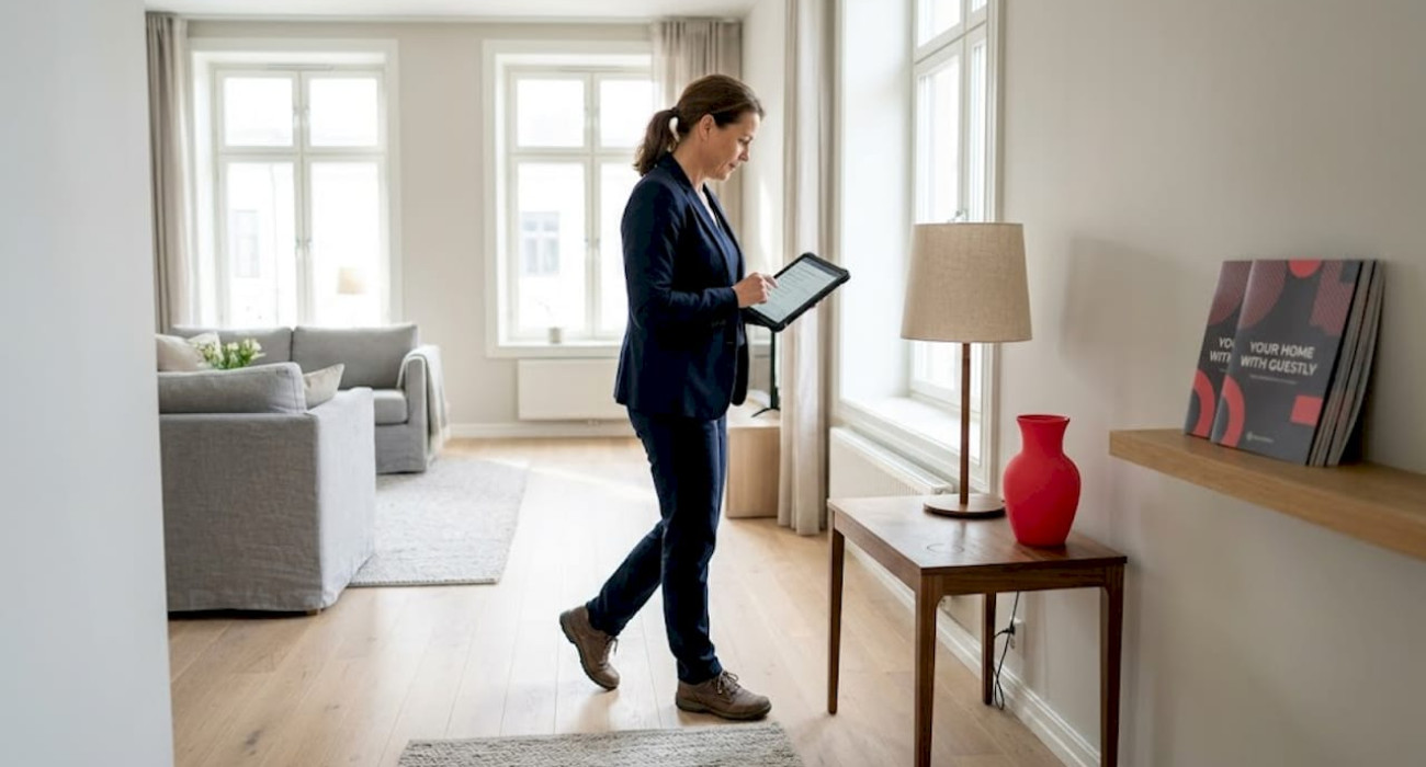 Manager reviewing Swedish rental property