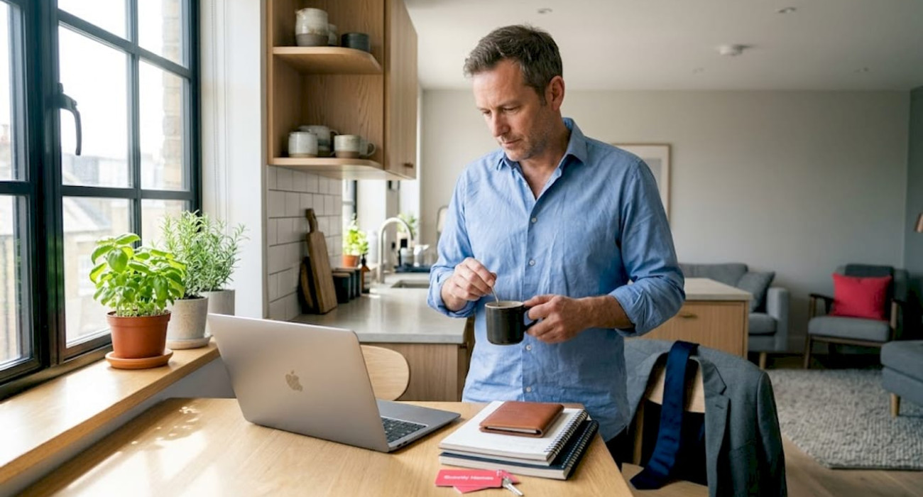 Business traveler with coffee in light apartment