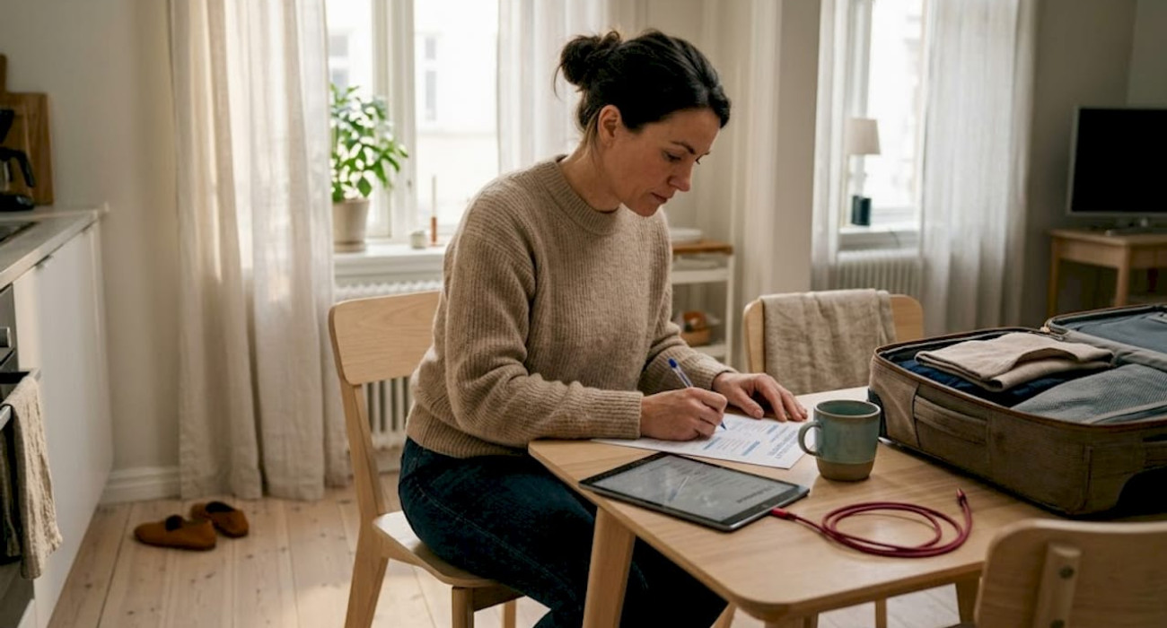 Business traveler preparing accommodation checklist