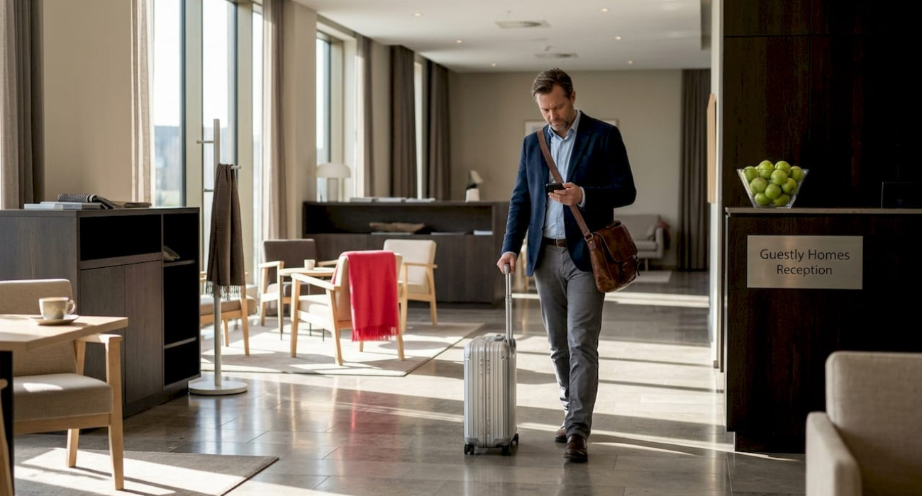 Business traveler arriving at Nordic hotel lobby