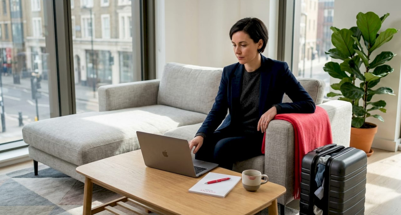 Business traveler working in neat serviced apartment