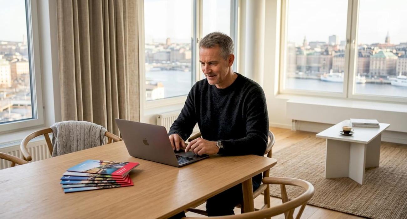 Property owner reviews rental options at home