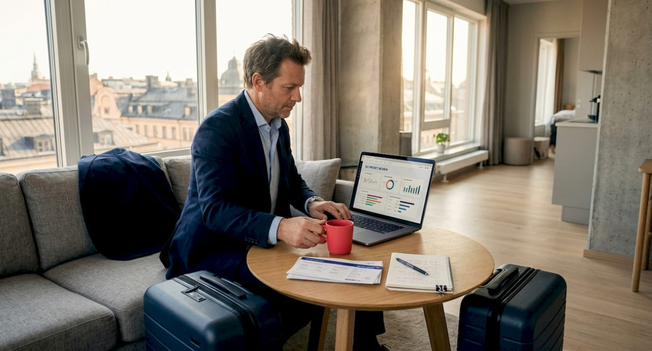 Business traveler working from Stockholm apartment