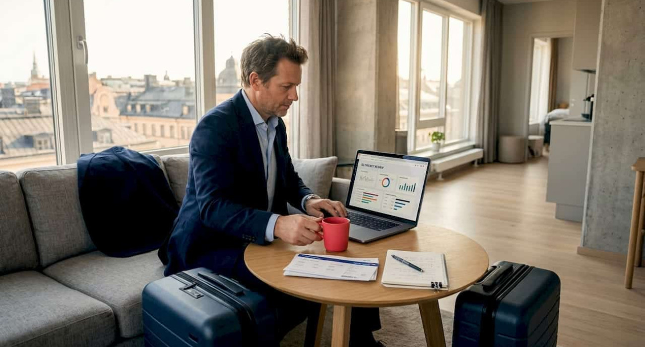 Business traveler working from Stockholm apartment