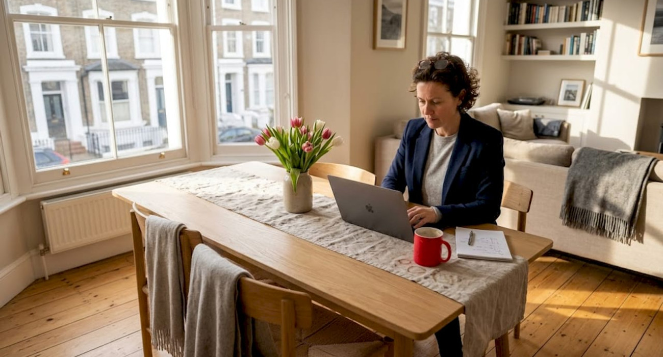 Businesswoman reviewing rental agreement in Swedish apartment