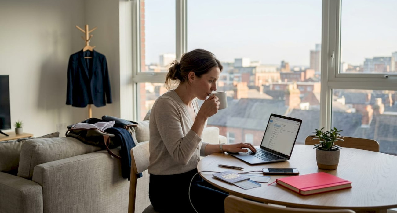 Business traveler working in sunny serviced apartment