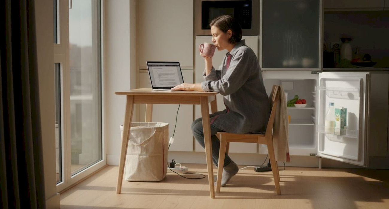 Business traveler using workspace in apartment
