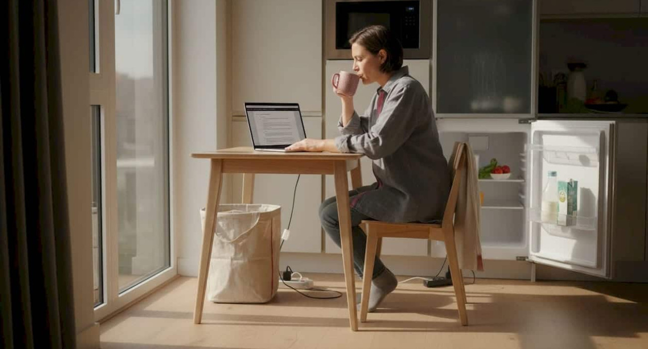 Business traveler using workspace in apartment