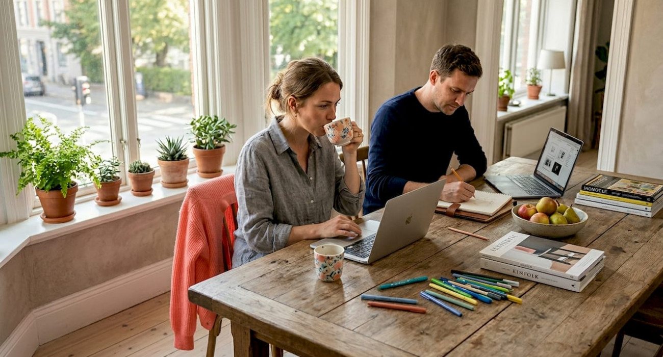 Team working in apartment kitchen on laptops