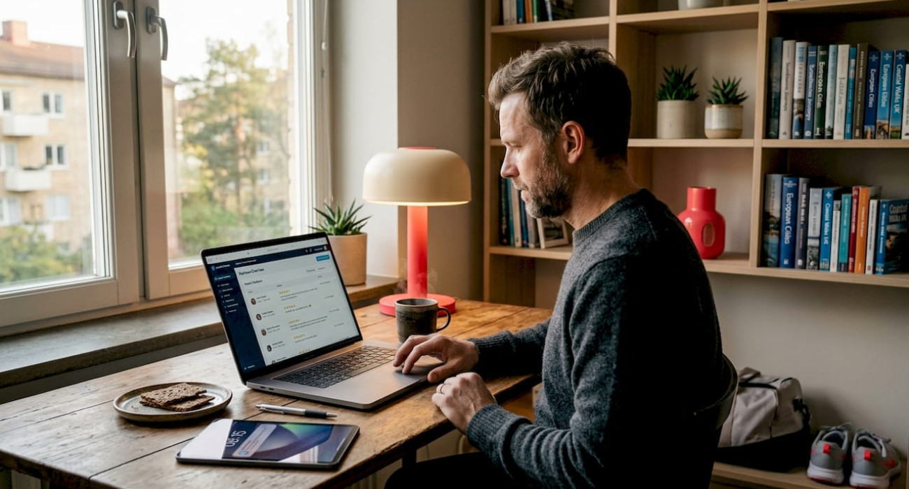 Swedish host reading online guest reviews