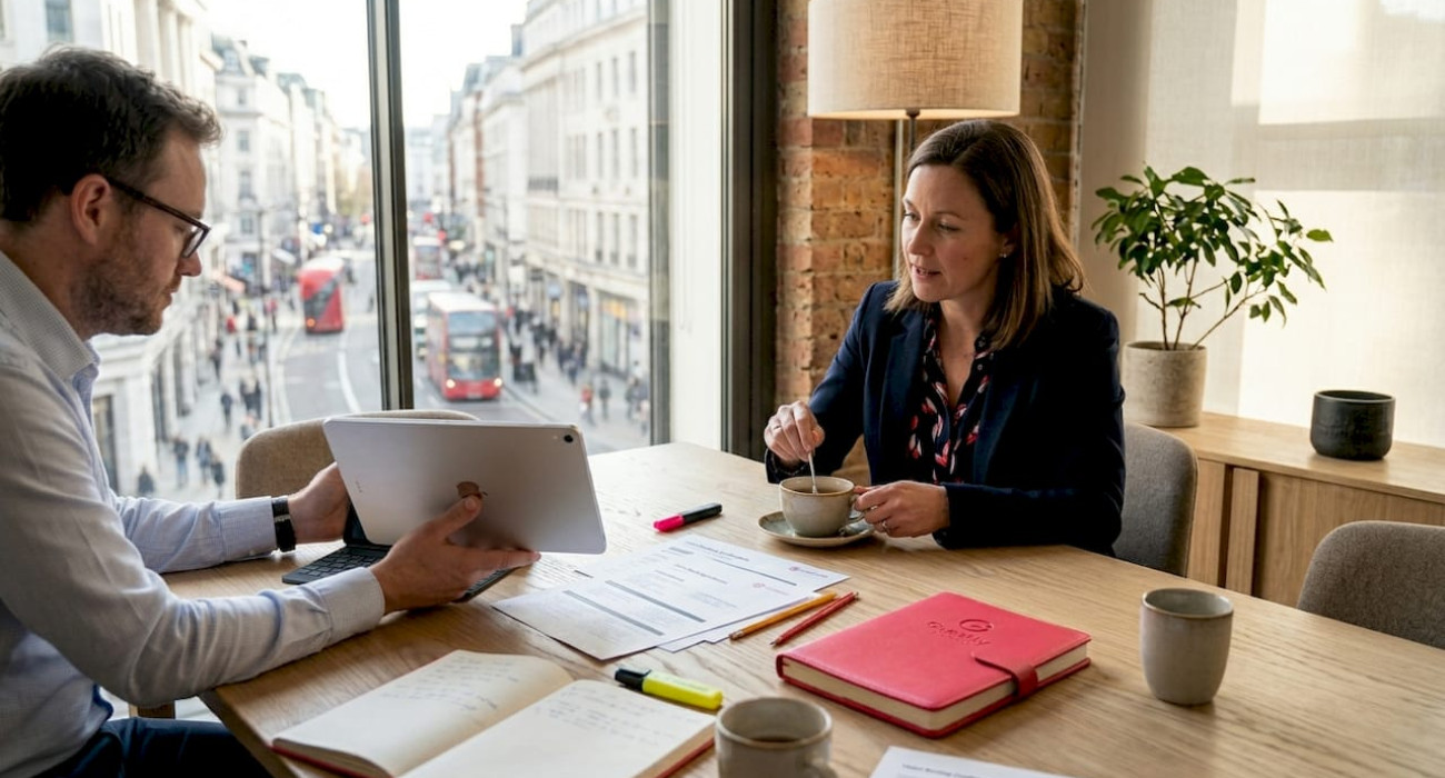 Team planning corporate travel stay in meeting room