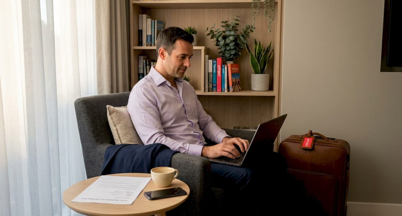 Business traveler working in serviced apartment with suitcase
