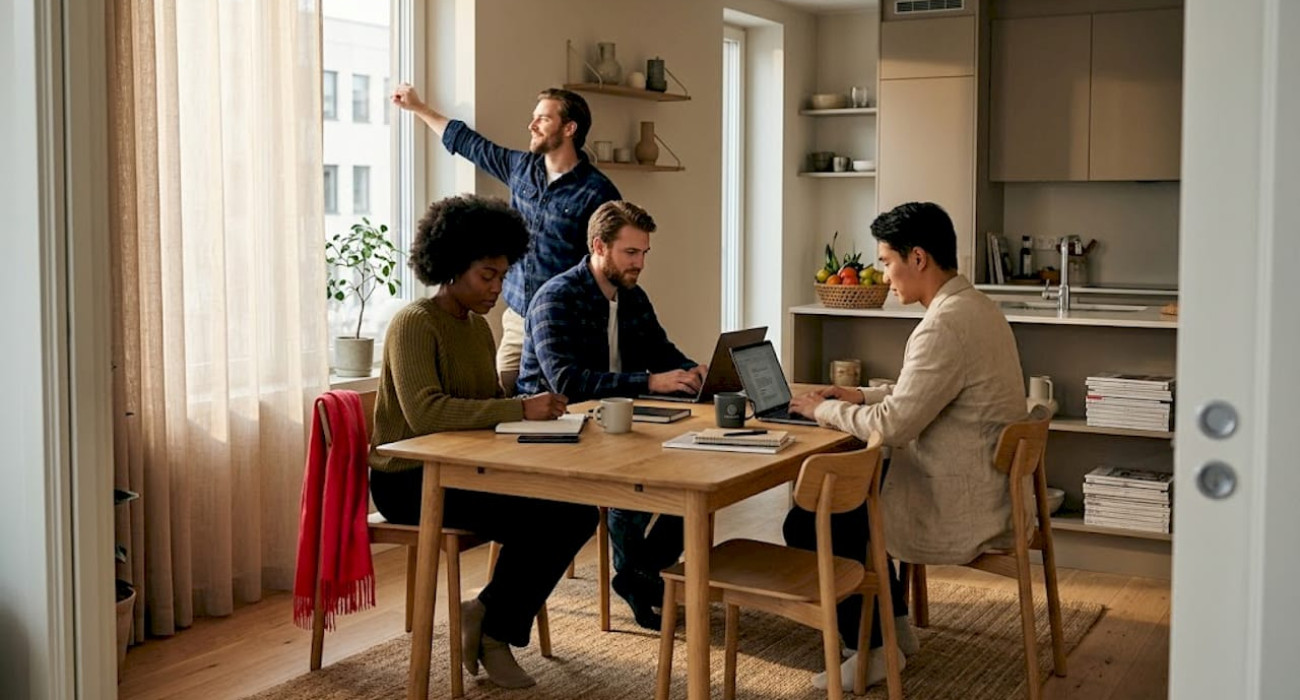 Corporate team working in bright apartment