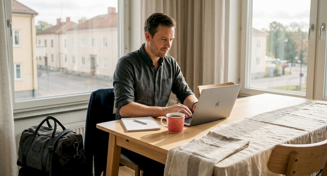 Professional working at dining table in apartment
