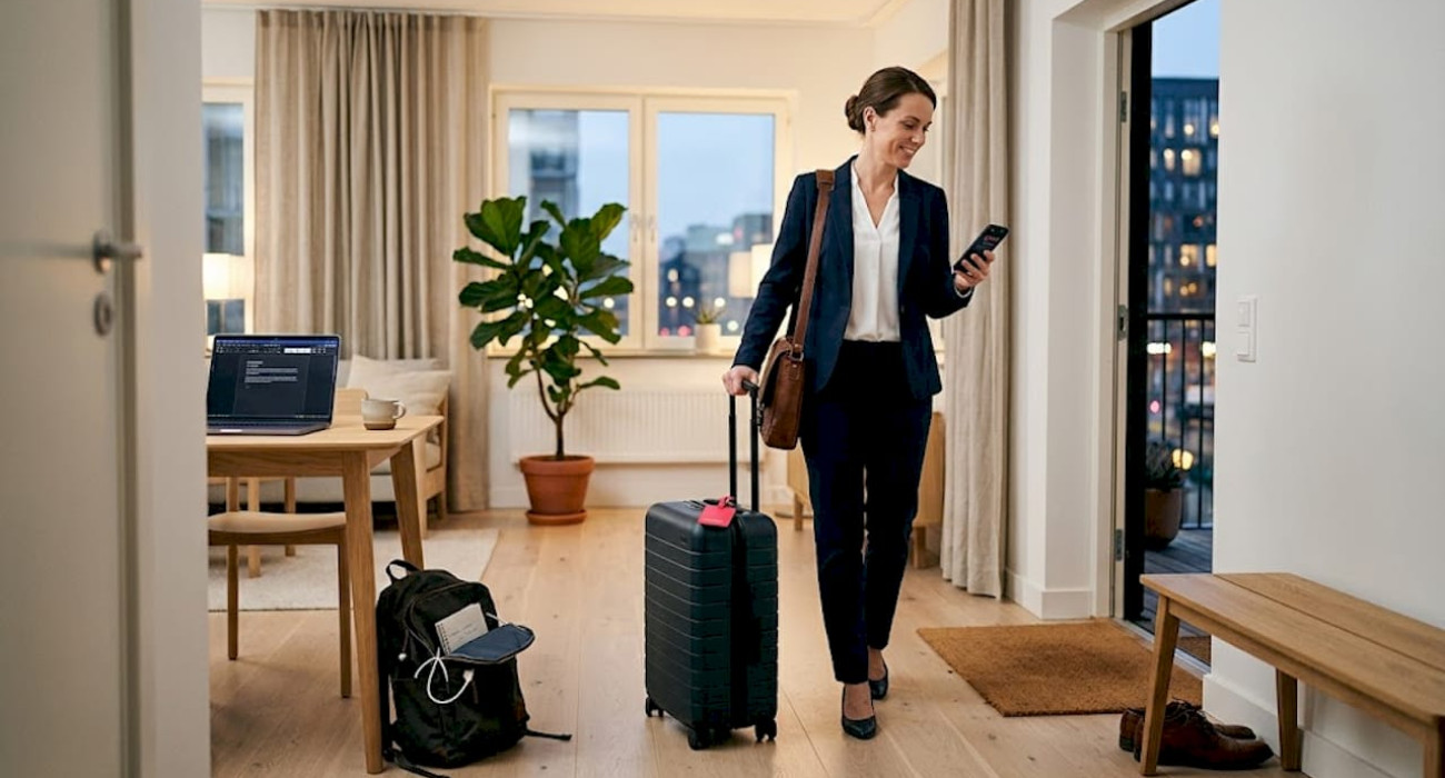 Business guest entering modern rental apartment