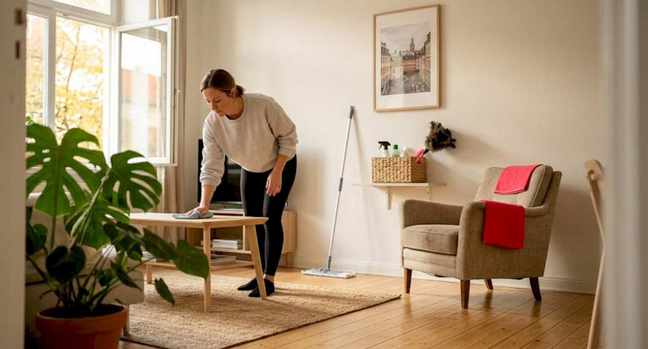 Landlord cleaning apartment living room