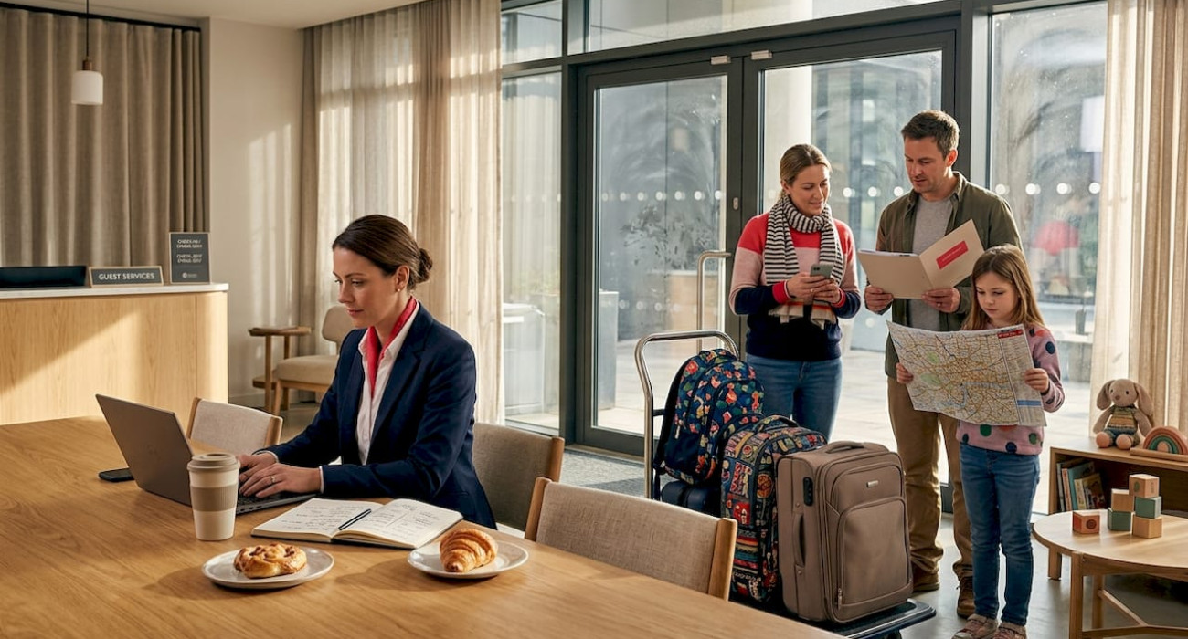 Hotel lobby shows contrast between corporate and tourist guests