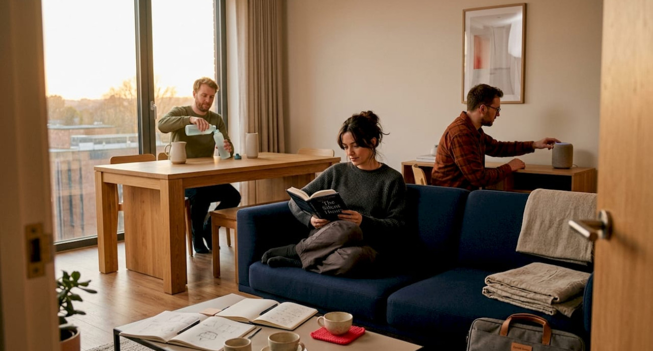 Team relaxing in shared house after work