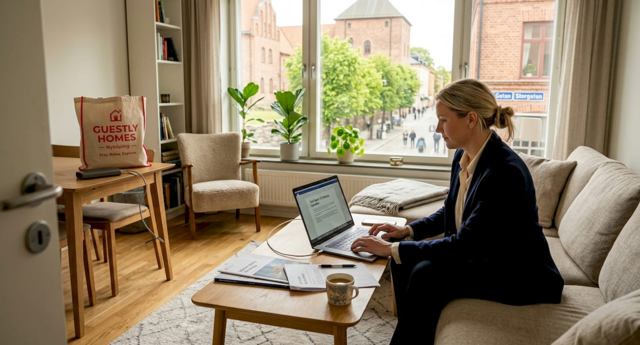 Professional working in Nyköping corporate apartment living room