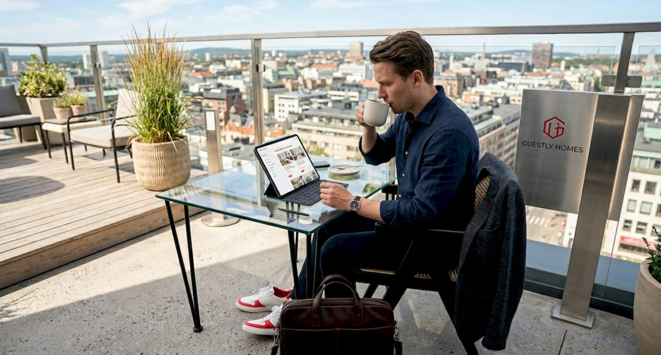 Professional reviewing corporate housing options at office lounge