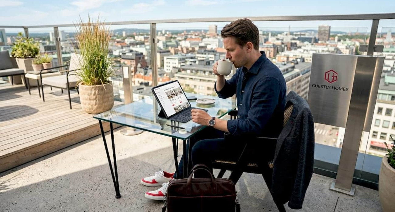 Professional reviewing corporate housing options at office lounge