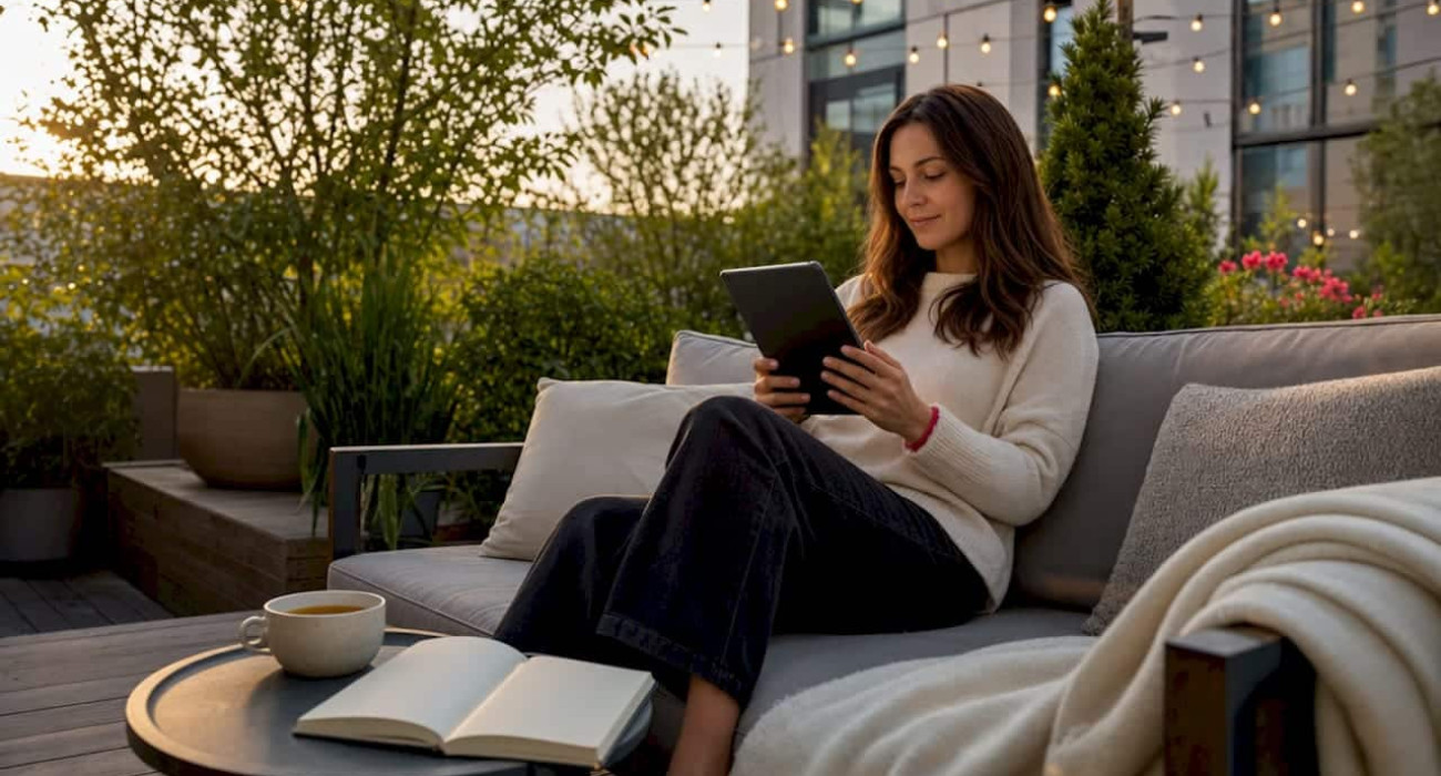 Woman browsing tablet in furnished rental living room