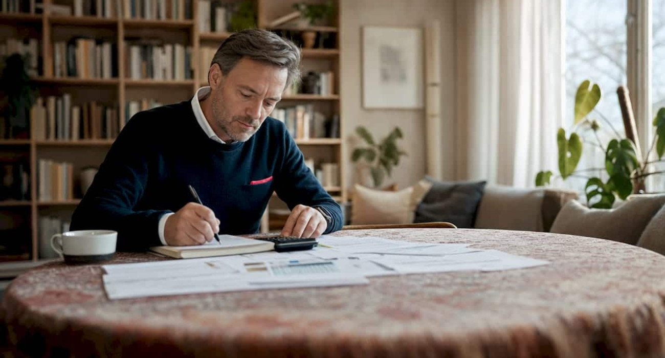 Man calculating rental management costs at kitchen table
