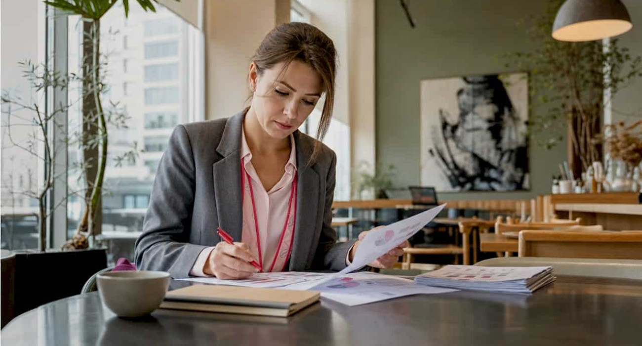 Property manager reviewing rental reports in office
