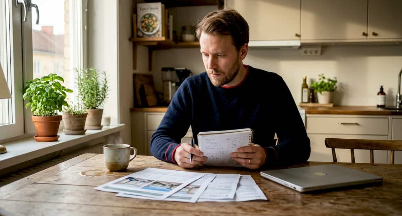 Professional reviewing housing options and bills in Stockholm home office