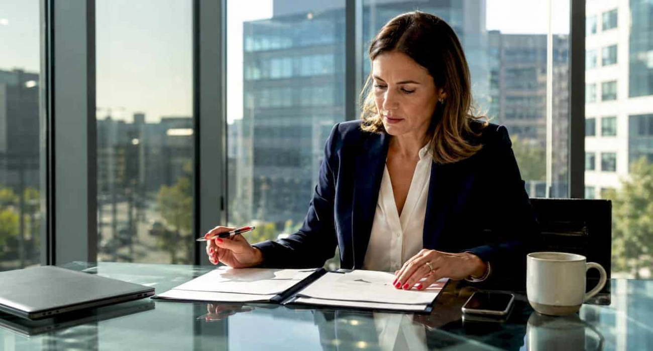 Businesswoman reviewing corporate housing and Airbnb options