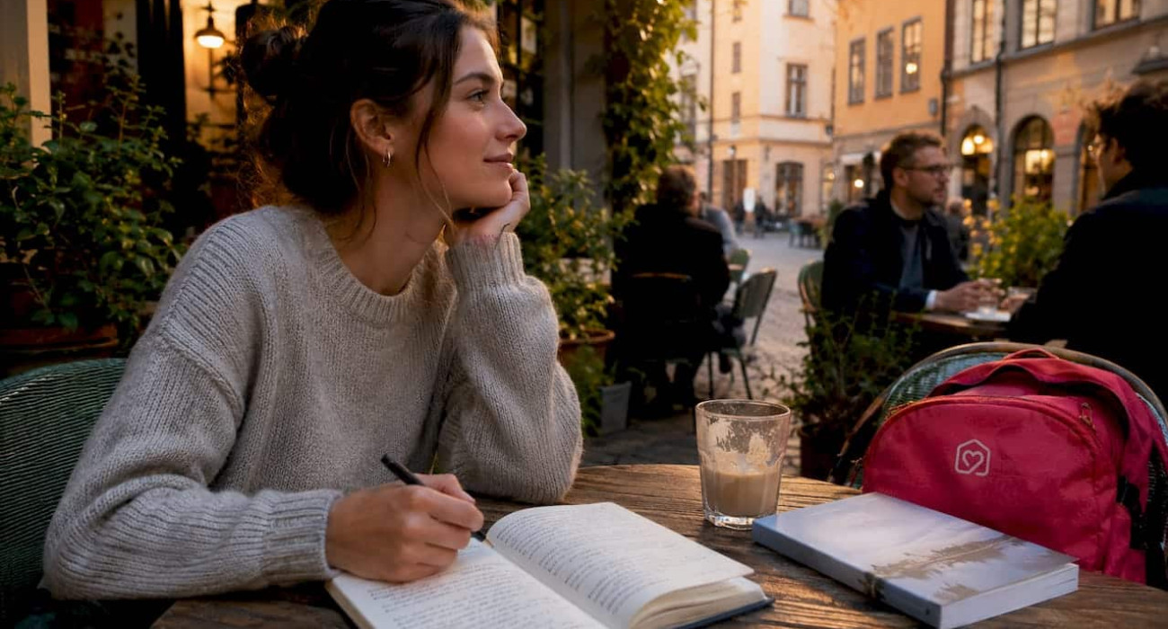 Young female traveler in Stockholm café