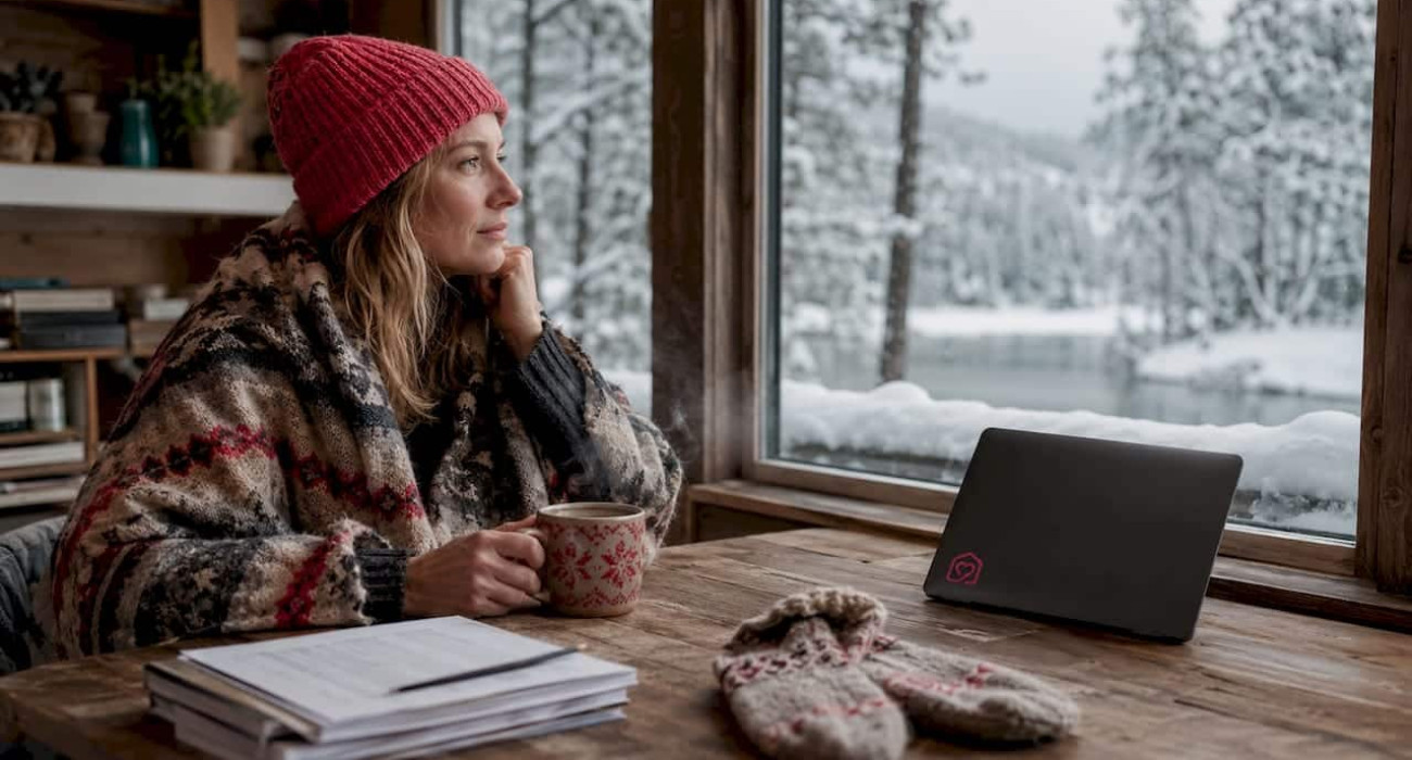 Woman working in cozy Northern Sweden winter cabin