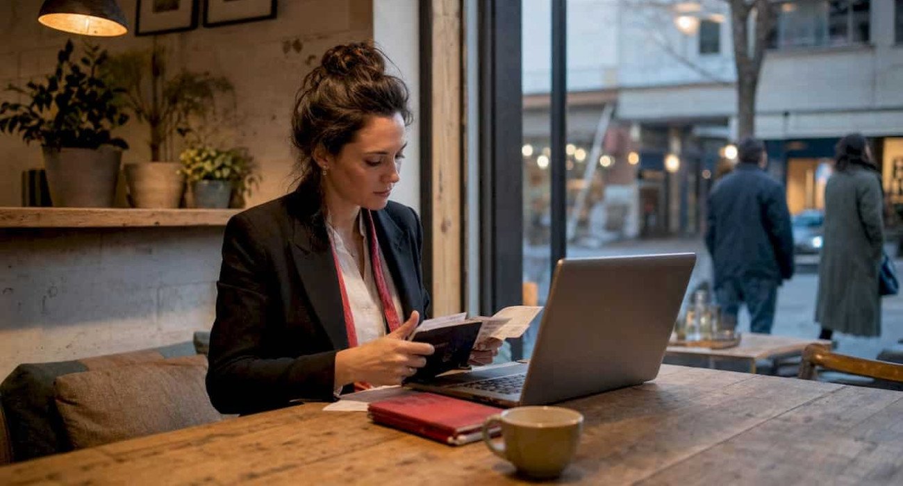Businesswoman organizing documents in hotel suite